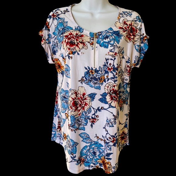 Lily Morgan floral short sleeve blouse zip up - Picture 6 of 6